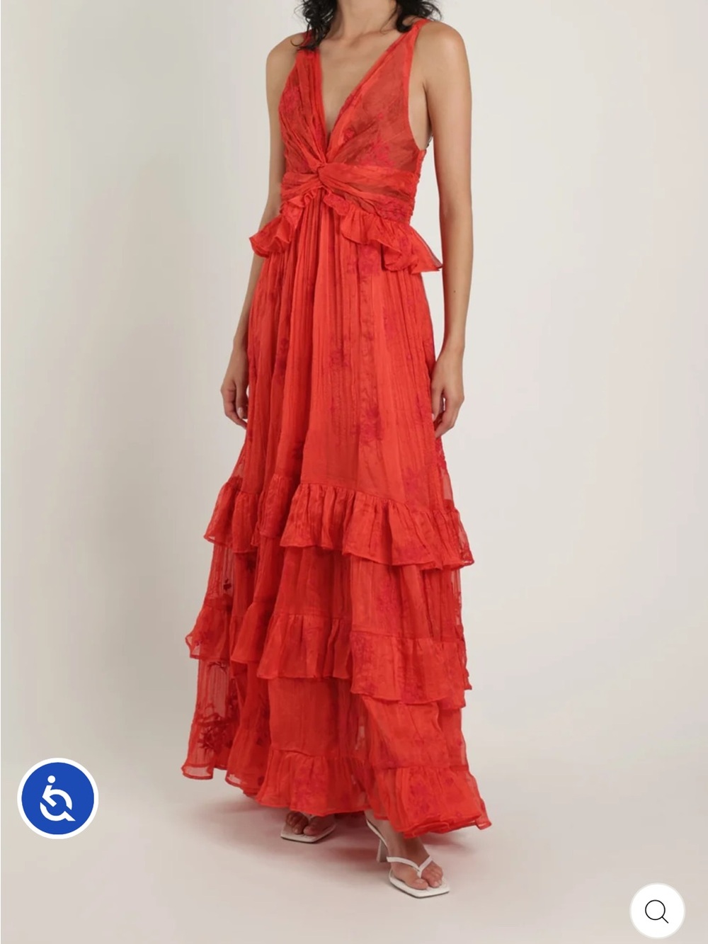 Sabina Musayev Red Ruffled V-Neck Maxi Dress